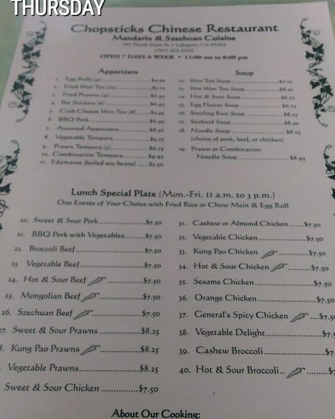Menu at Chopsticks Chinese Restaurant, Lakeport