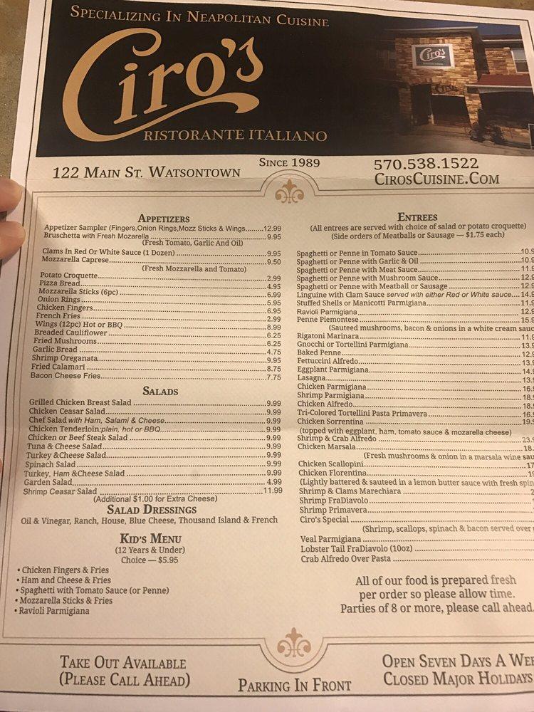 Menu at Ciro s pub bar Watsontown