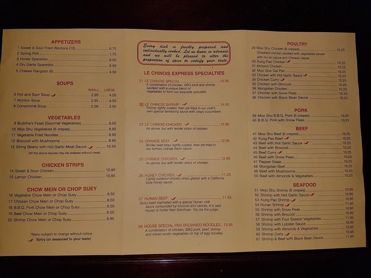 Menu at Le Chinois Express restaurant, Hamilton