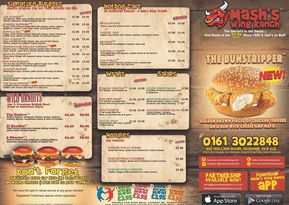 Menu at Mashs Wing Ranch Oldham restaurant, Oldham