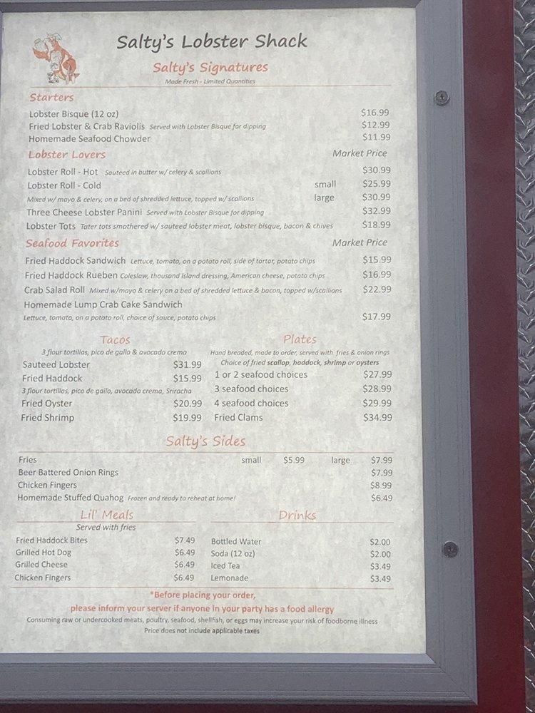 Menu at Salty's Lobster Shack restaurant, Middleton
