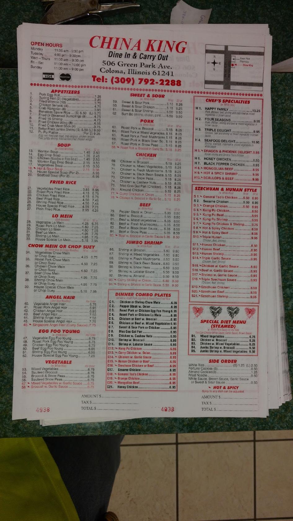 Menu at China King restaurant, Colona