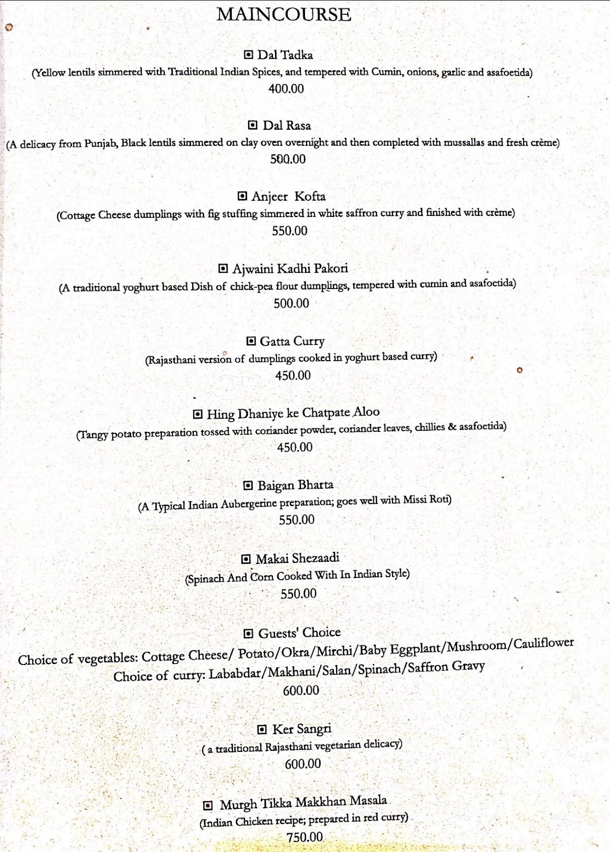 Rasa Restaurant menu