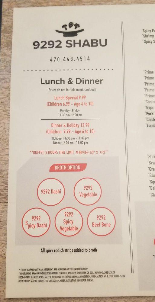 Menu at 9292 Shabu Healthy Korean restaurant, hot pot Duluth, GA