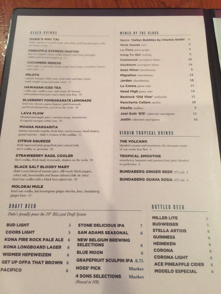 Menu at Duke's Huntington Beach pub & bar, Huntington Beach