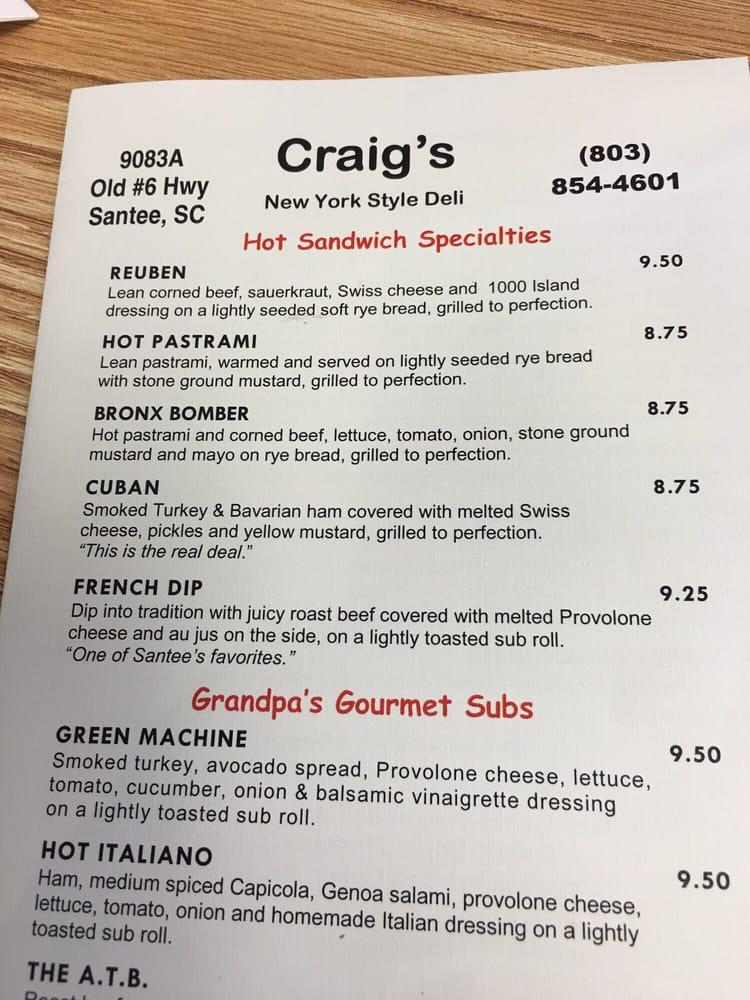 Menu at Craig's Deli cafe, Santee