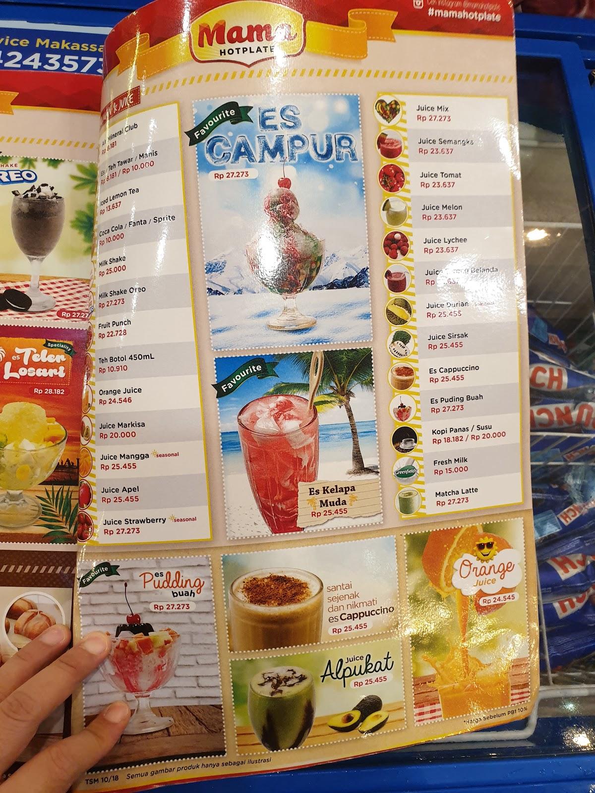 Menu at Mama Hotplate restaurant, Makassar, R9QV+RPW