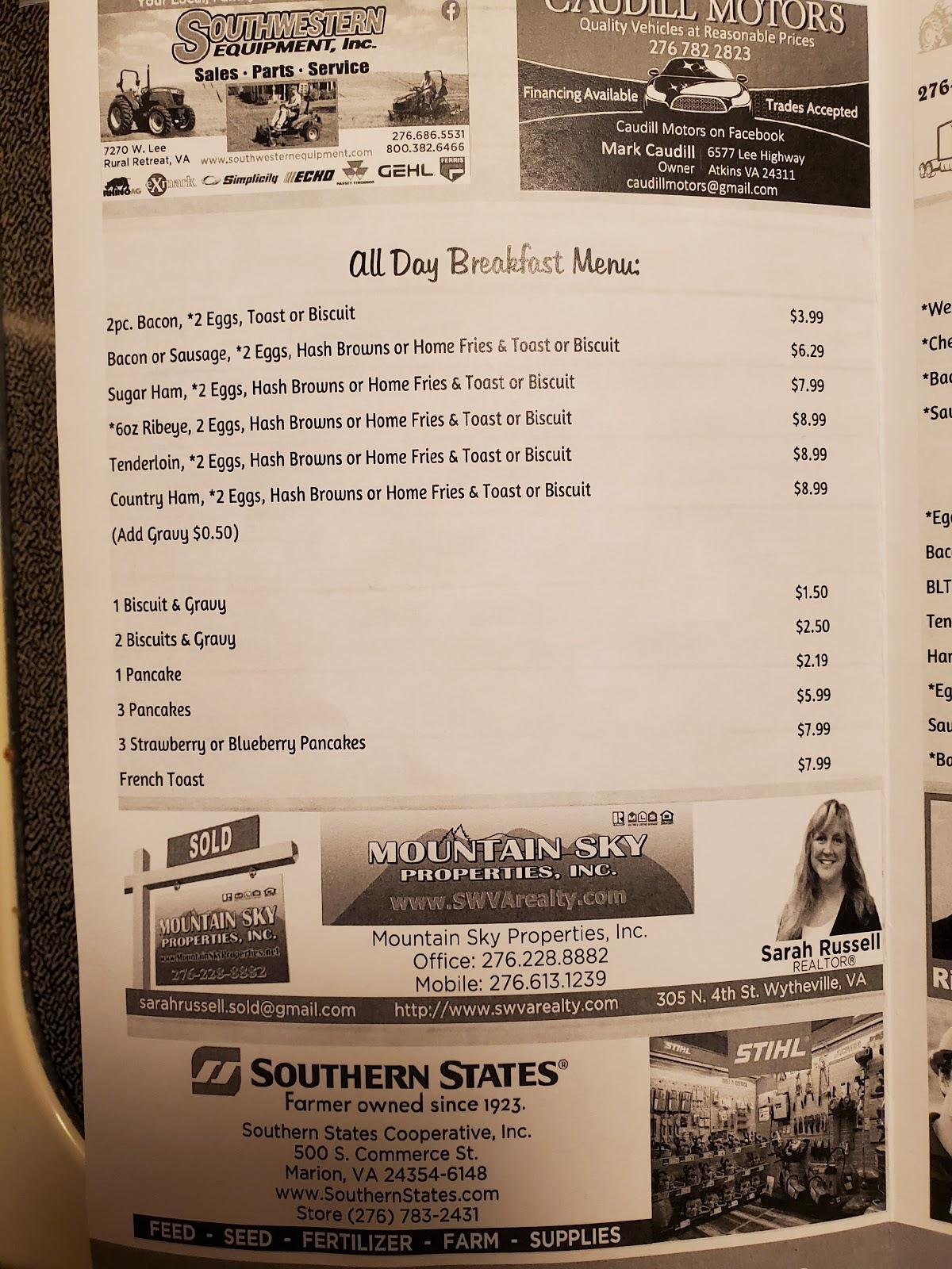Menu at Atkins Tank restaurant, Atkins, Lee Hwy
