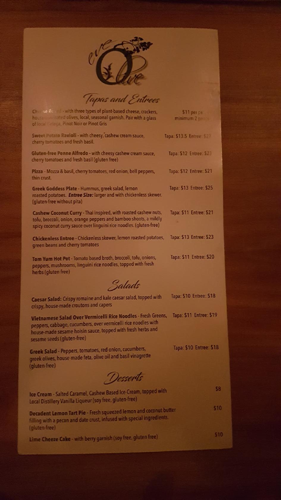 Menu at Eve Olive restaurant, Nanaimo
