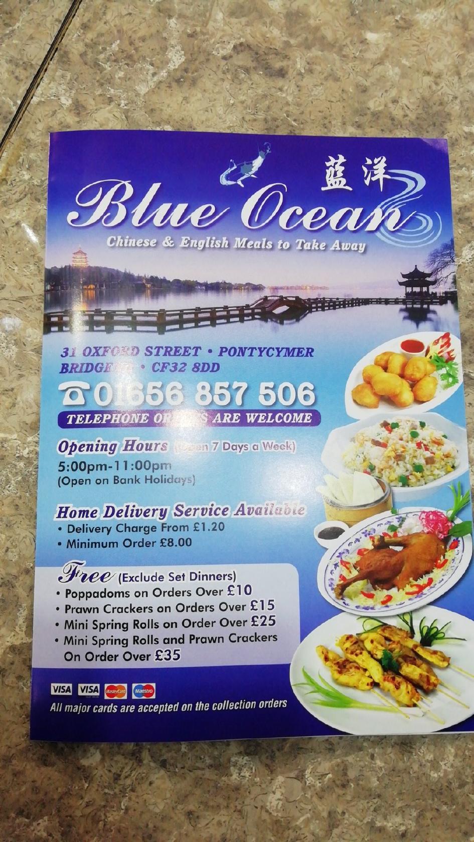 Menu at Blue Ocean Cantonese restaurant, Pontycymer