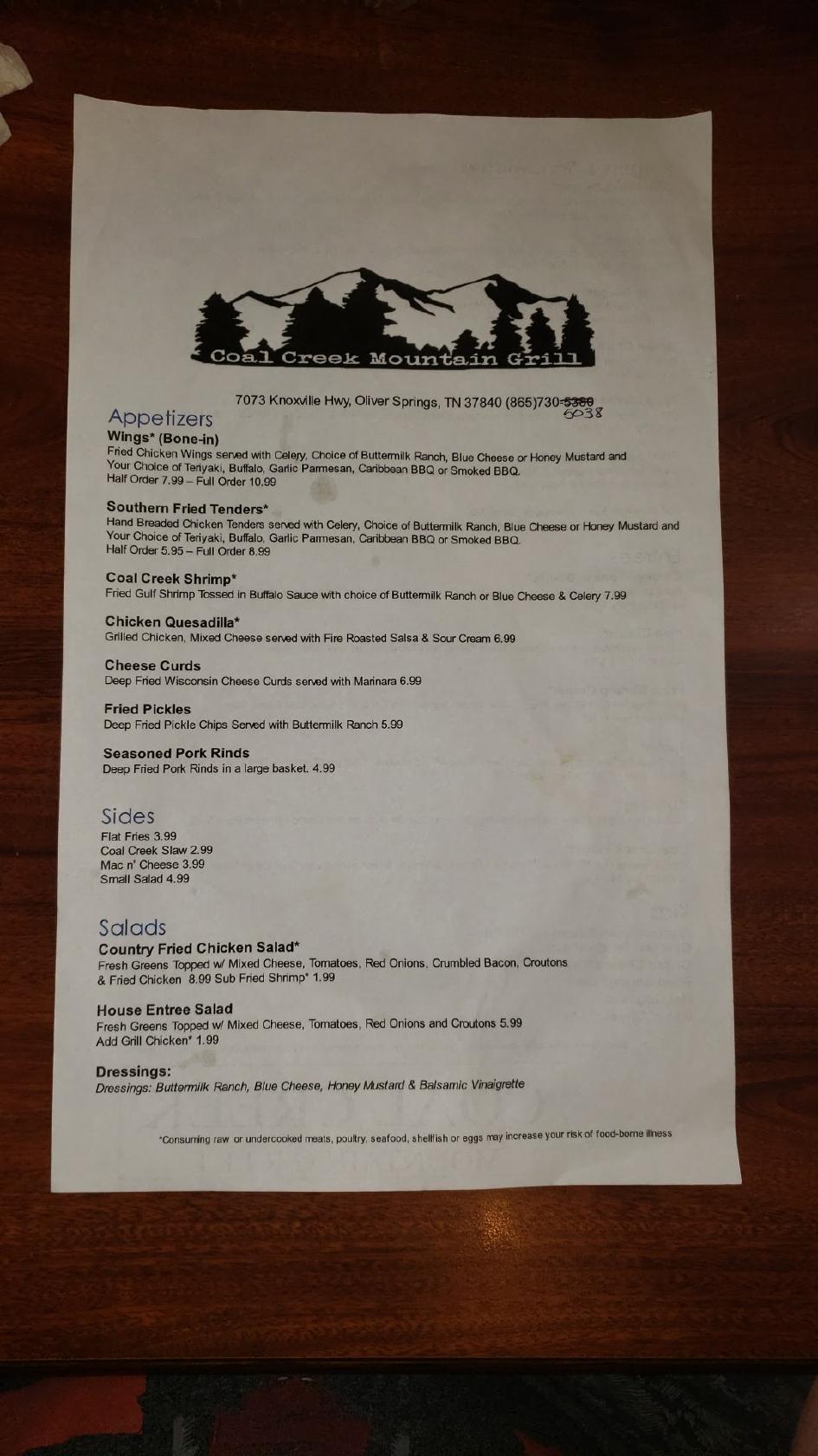 Menu at Coalfield Diner restaurant, Oliver Springs