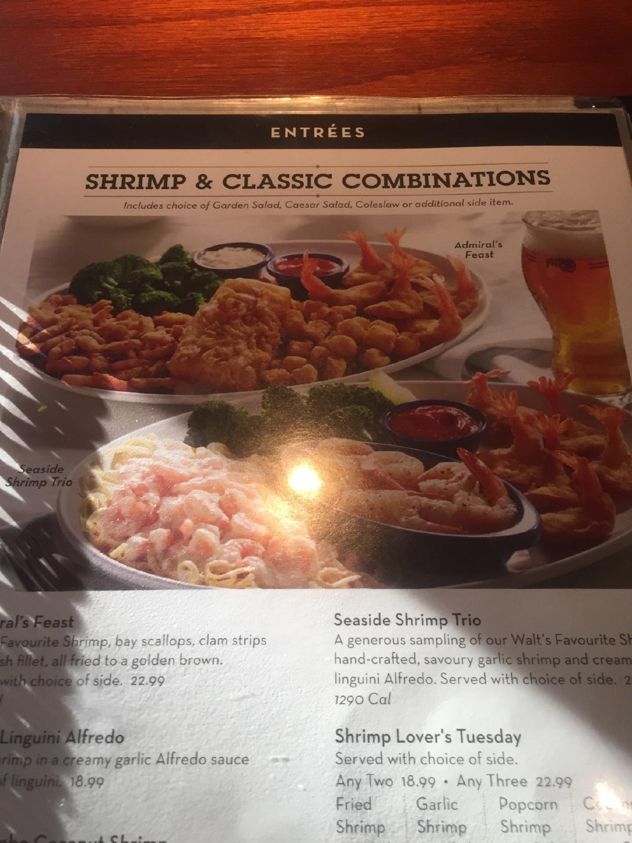 Menu at Red Lobster restaurant, Toronto, Sheppard Ave E