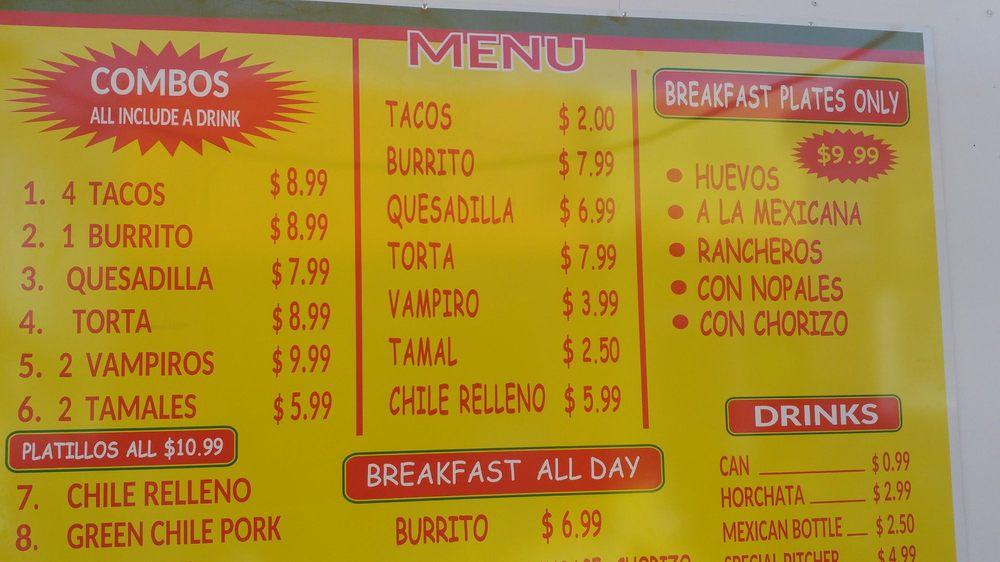 Menu at Tacos La Pasadita restaurant, Green River