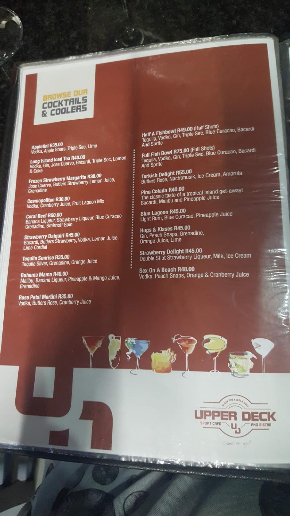 Menu at Upper Deck. restaurant, Nelspruit