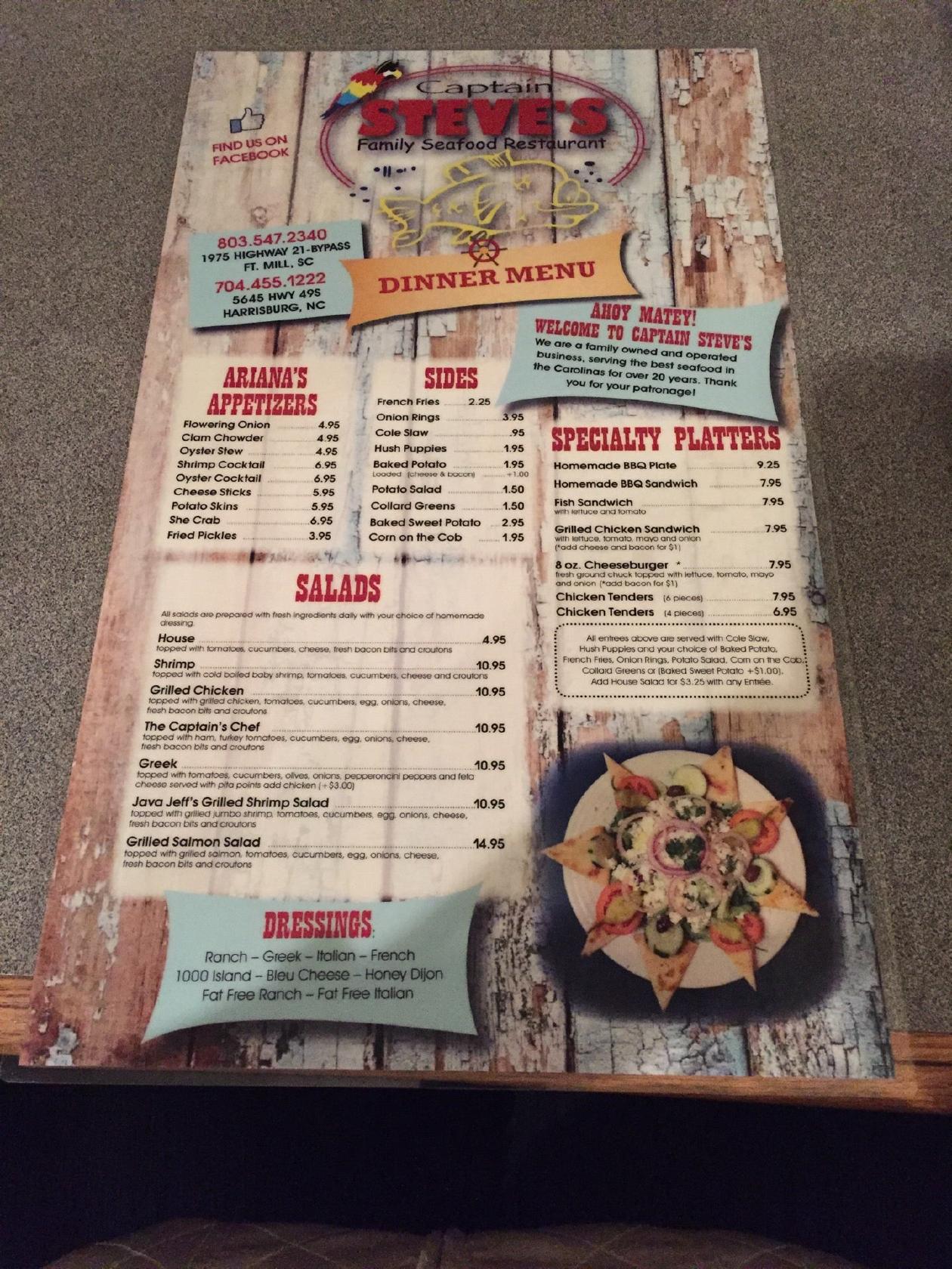 Menu at Captain Steve's Family Seafood Restaurant in Fort Mill, SC