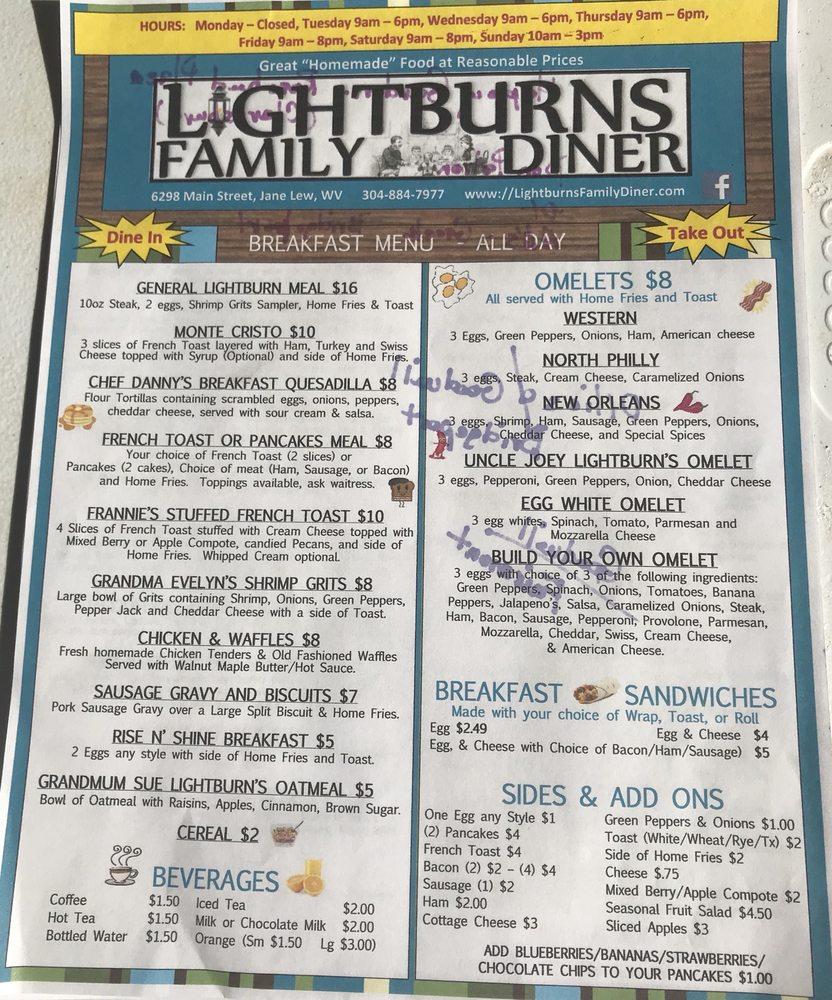Menu at Lightburns Family Diner restaurant, Jane Lew