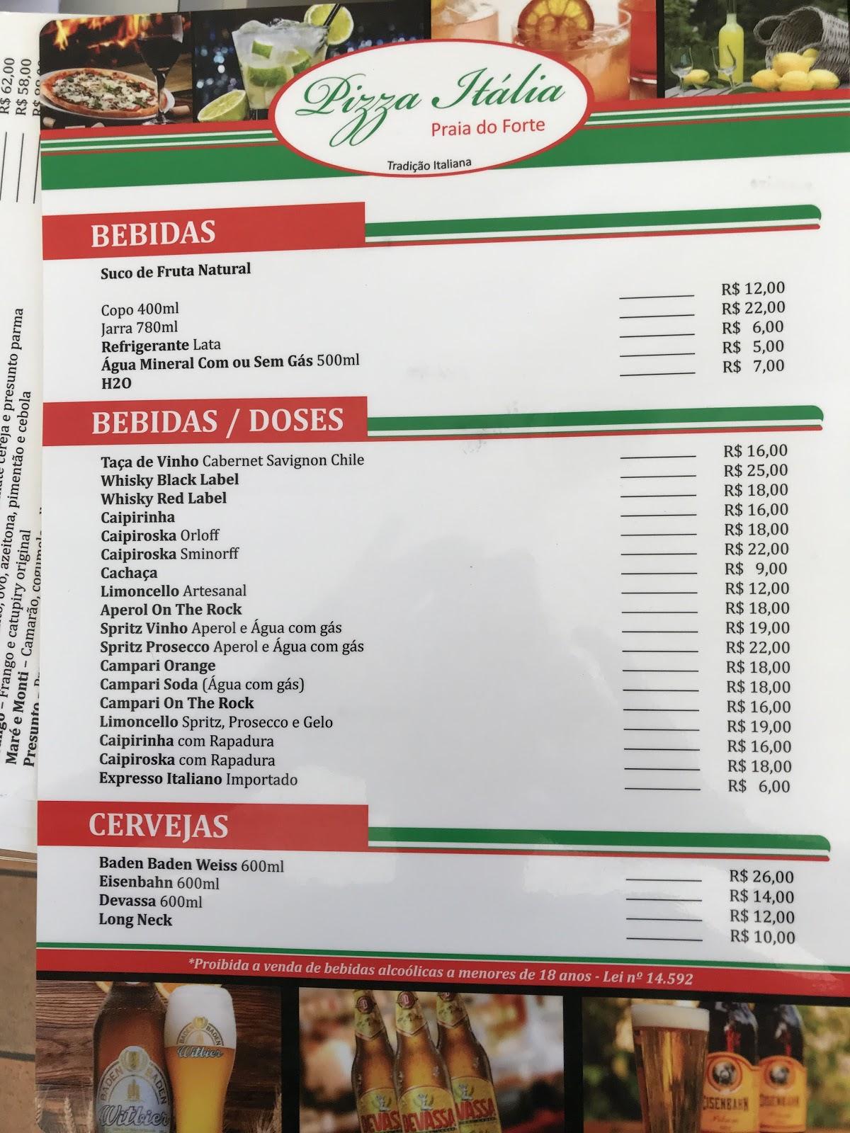 Menu at Pizza Italia restaurant, Praia do Forte