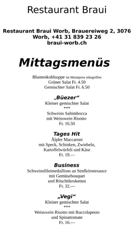 Menu di Restaurant Braui Worb 