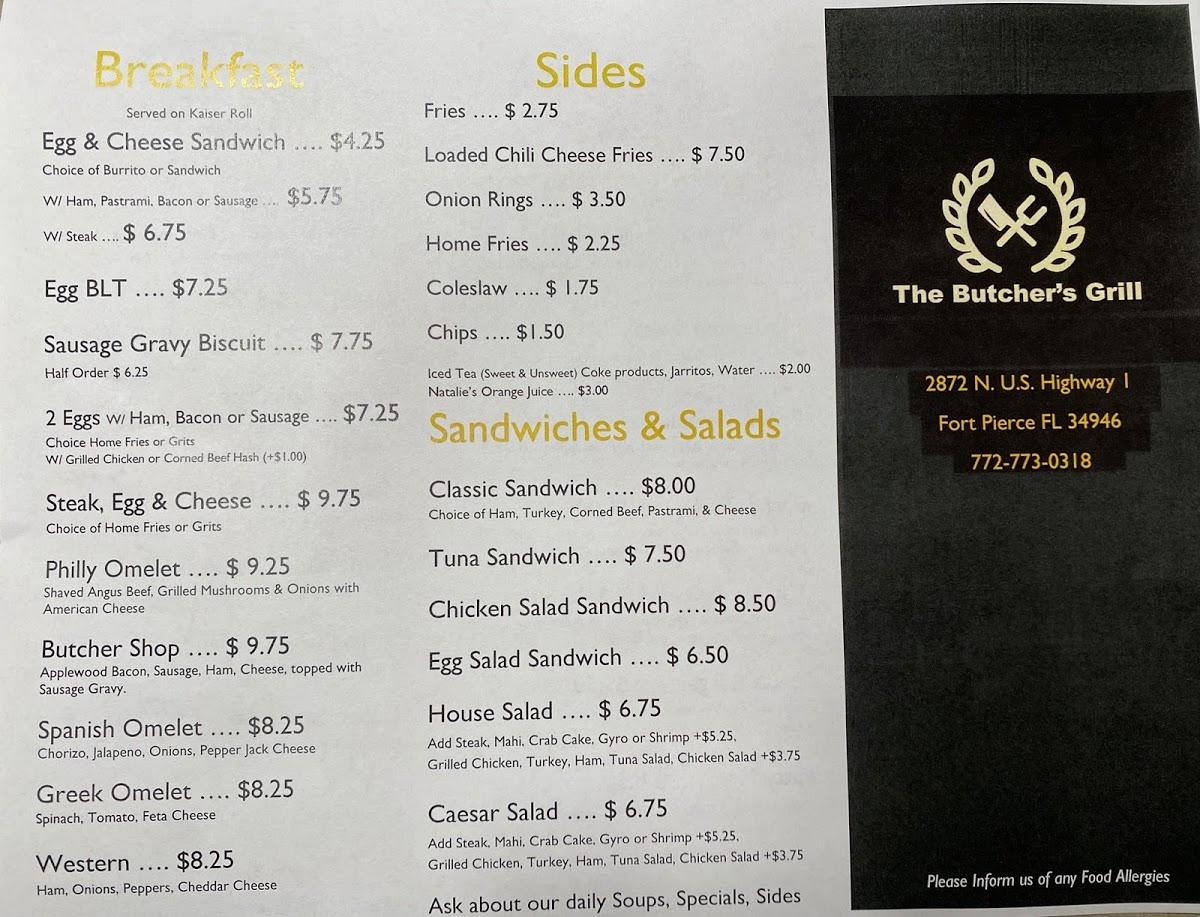 Menu at The Butcher's Grill restaurant, Fort Pierce