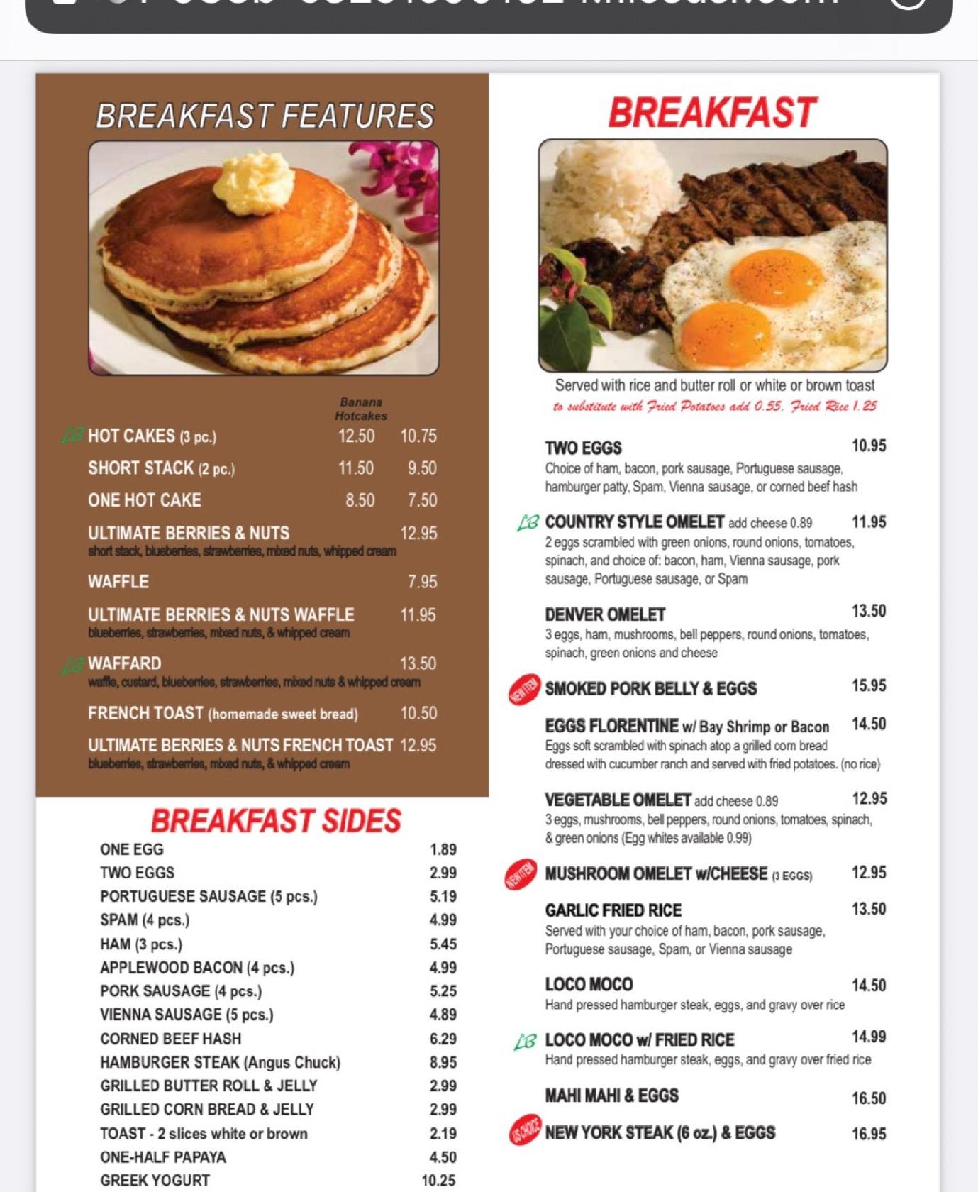 Menu at Liliha Bakery, Honolulu, 1450 Ala Moana Blvd