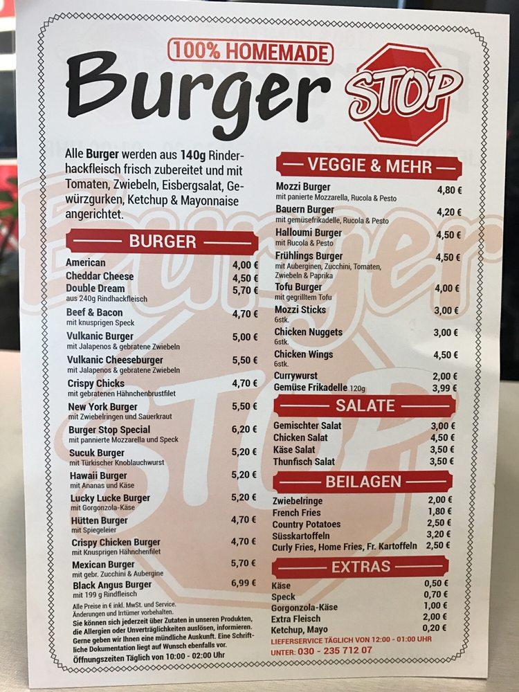 Menu at Burger Stop pizza, pasta, burgers, Berlin