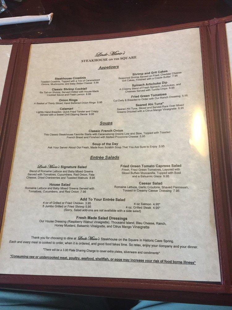Menu at Linde Marie's Steakhouse on the Square, Cave Spring