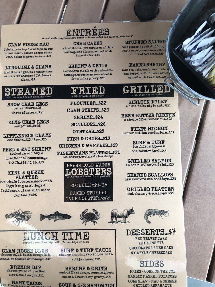 Menu at The Claw House restaurant, Murrells Inlet