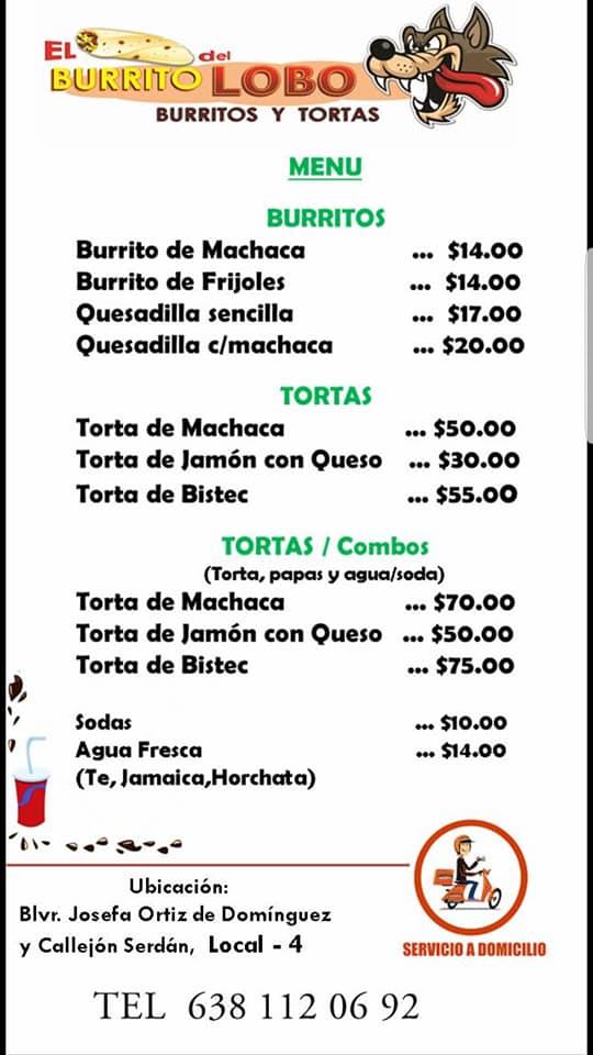 Menu at El Burrito del Lobo restaurant, Puerto Peñasco