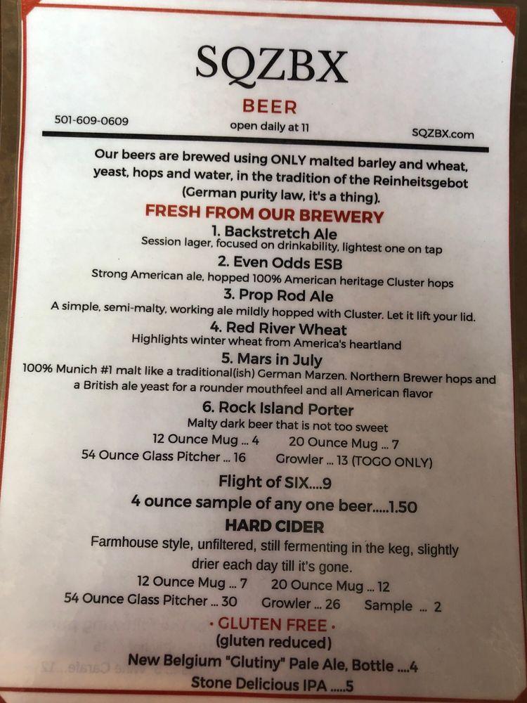 Menu at SQZBX Brewery & Pizza pizzeria, Hot Springs
