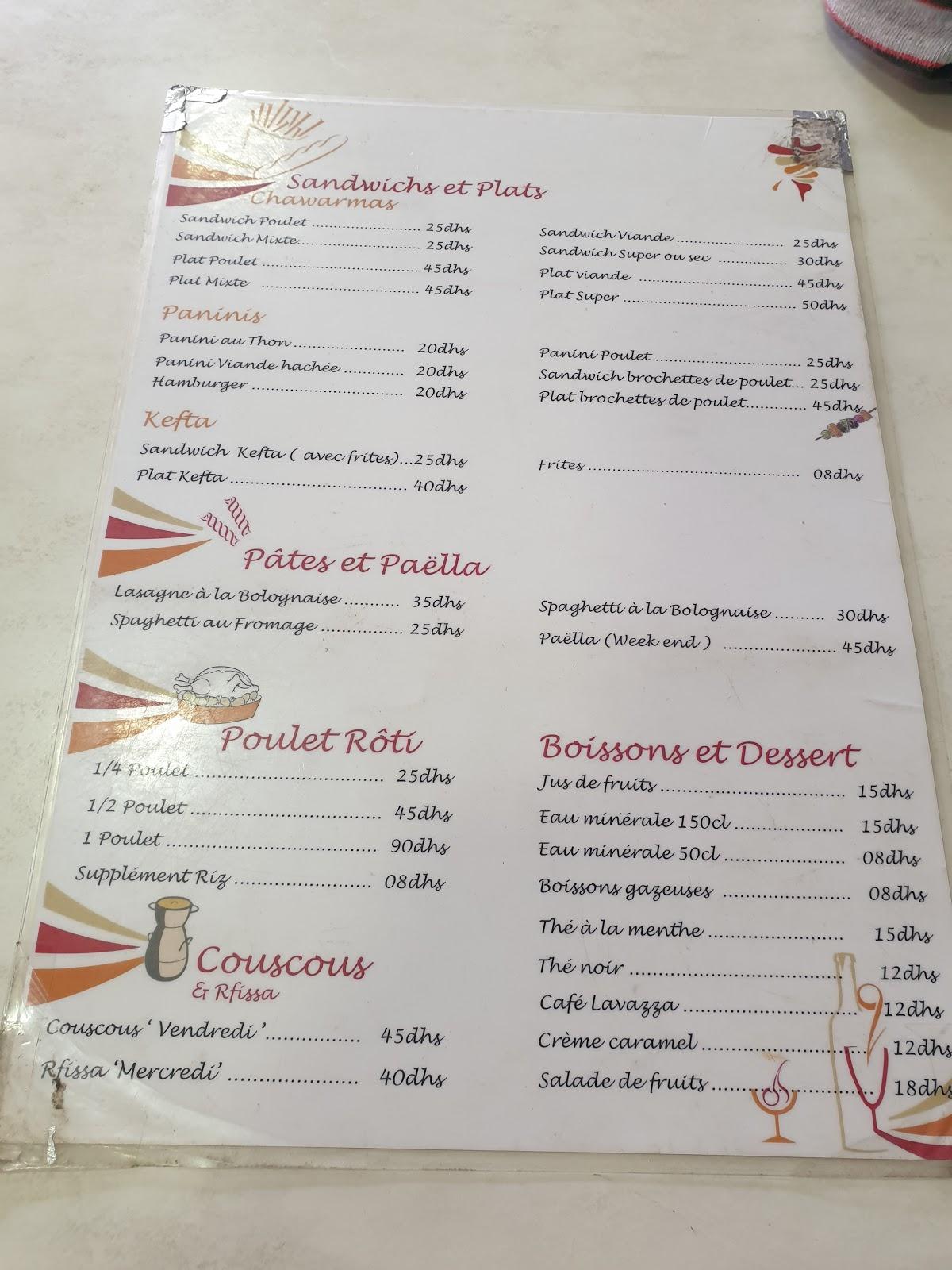 Menu au Baghdad Food restaurant, Casablanca