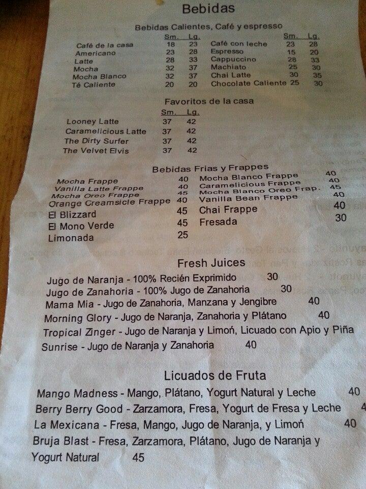 Menu at Looney Bean Coffee Cerritos cafeteria, Mazatlán, Av. Sábalo Cerritos 3500