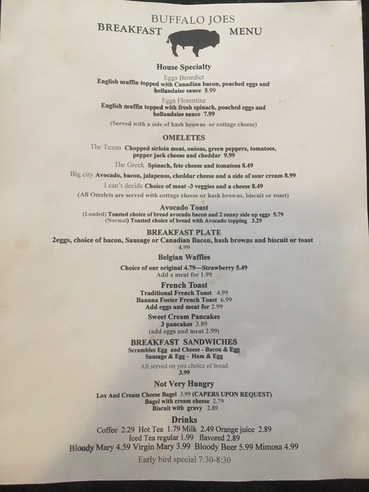 Menu at Buffalo Joes restaurant, La Vernia