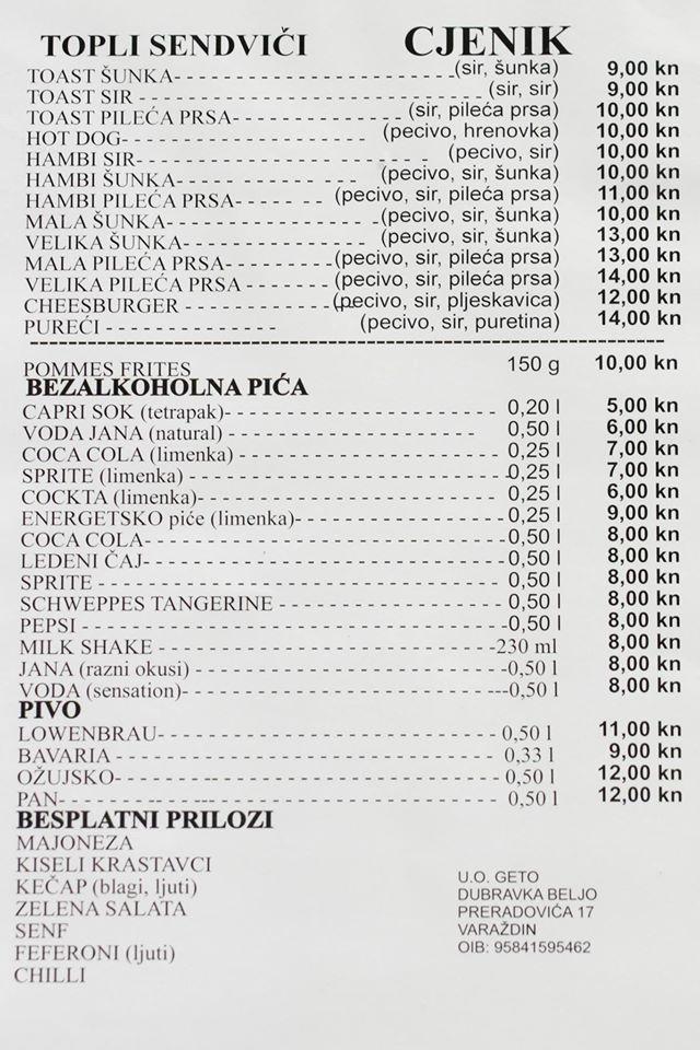 Menu di Fast food "Geto" Varaždin 