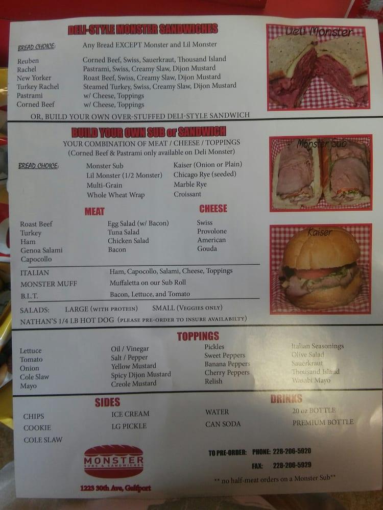 Menu at Monster Subs & Sandwiches restaurant, Gulfport