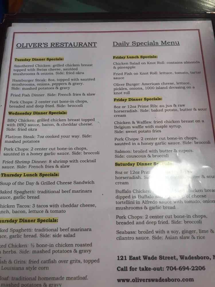 Menu at Oliver's Restaurant, Wadesboro