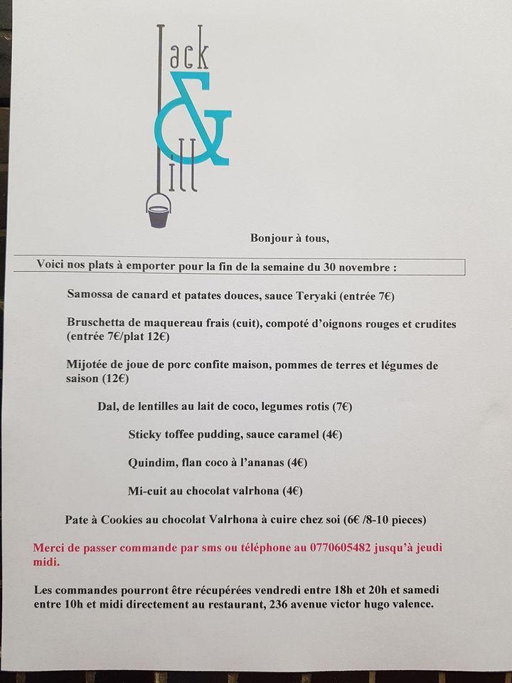 Menu au Jack & Jill restaurant, Valence