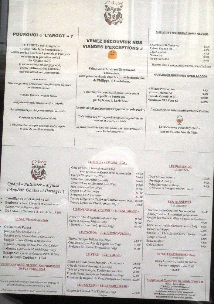 Menu au L'ARGOT Boucherie Restaurant, Lyon