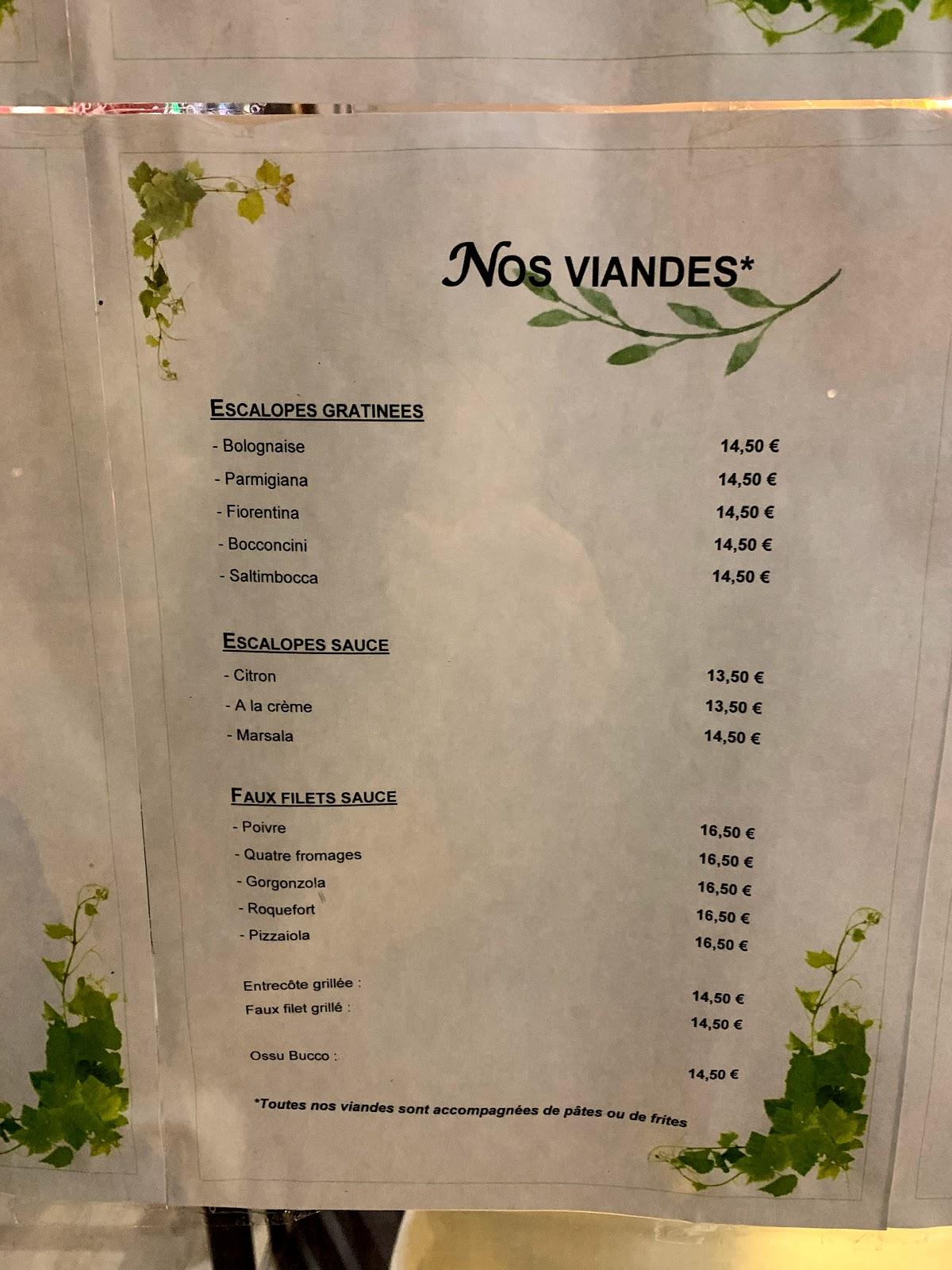 Menu at Piccolo mondo restaurant, Malakoff