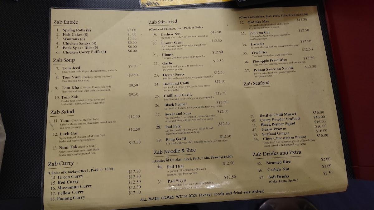 Menu at Zab Thai Food Takeaway restaurant, Christchurch