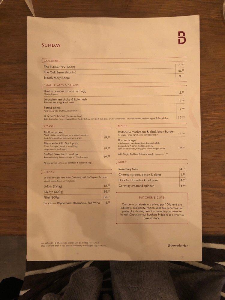 Menu at Boxcar Bar & Grill, London