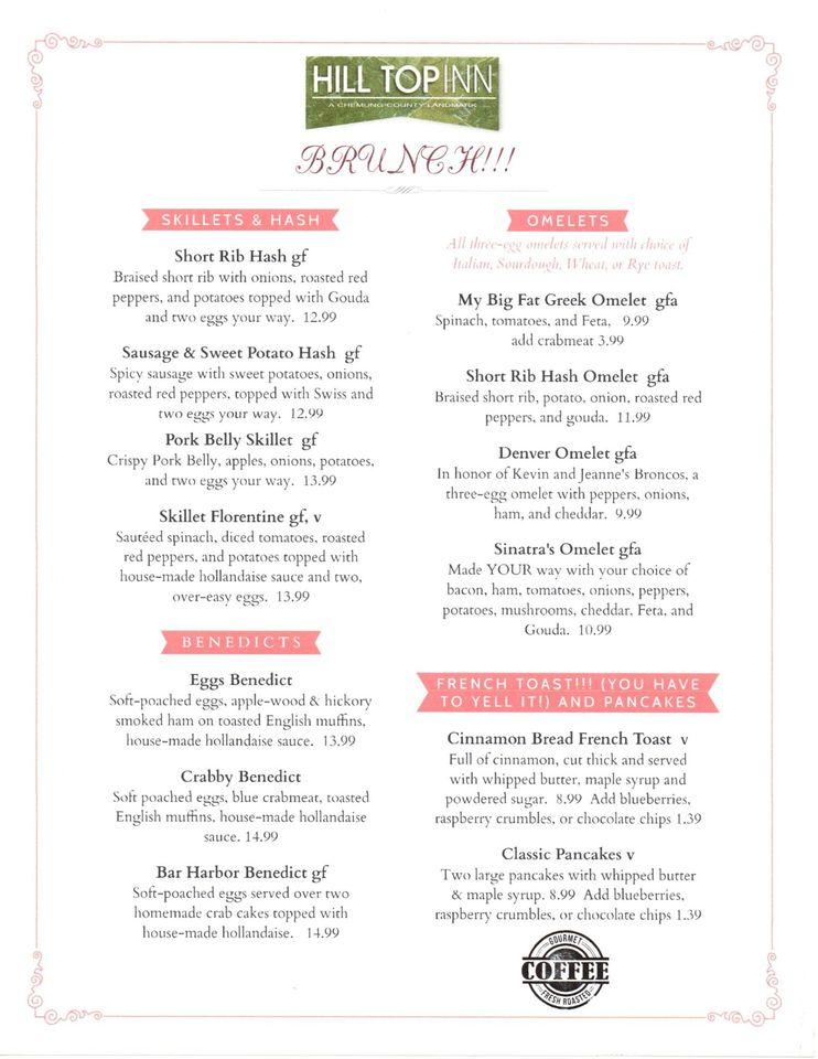 Menu at Hill Top Inn cafe, Elmira