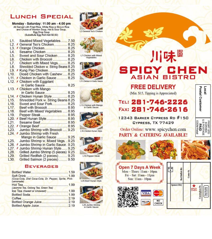 Menu at Spicy Chen restaurant, Cypress