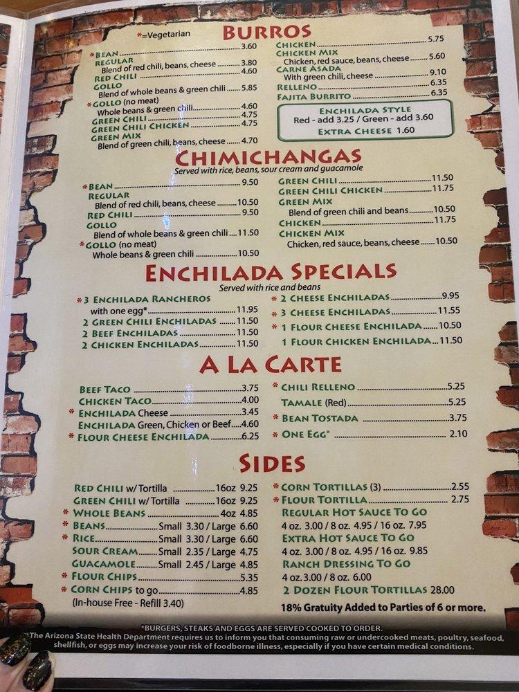 Menu at Irene's Real Mexican Food restaurant, Globe