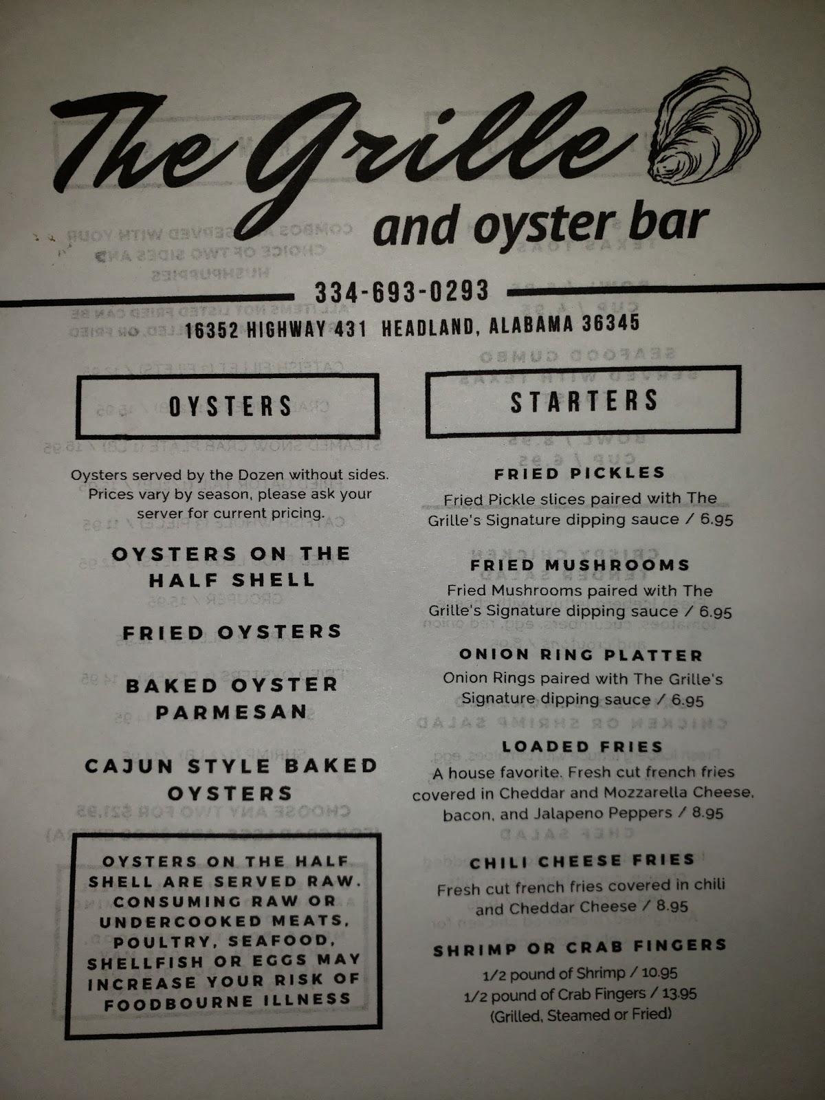 Carta de The Grille and Oyster Bar, Headland