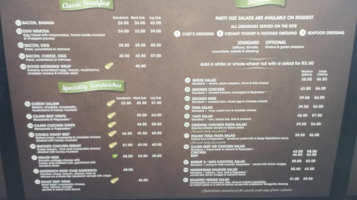 Menu At The Sandwich Shop Cafe Mossel Bay