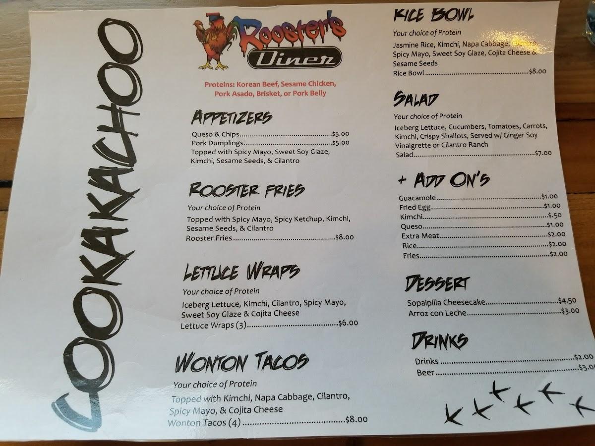 Menu at Rooster's Diner restaurant, Odessa, 615 N Sam Houston Ave