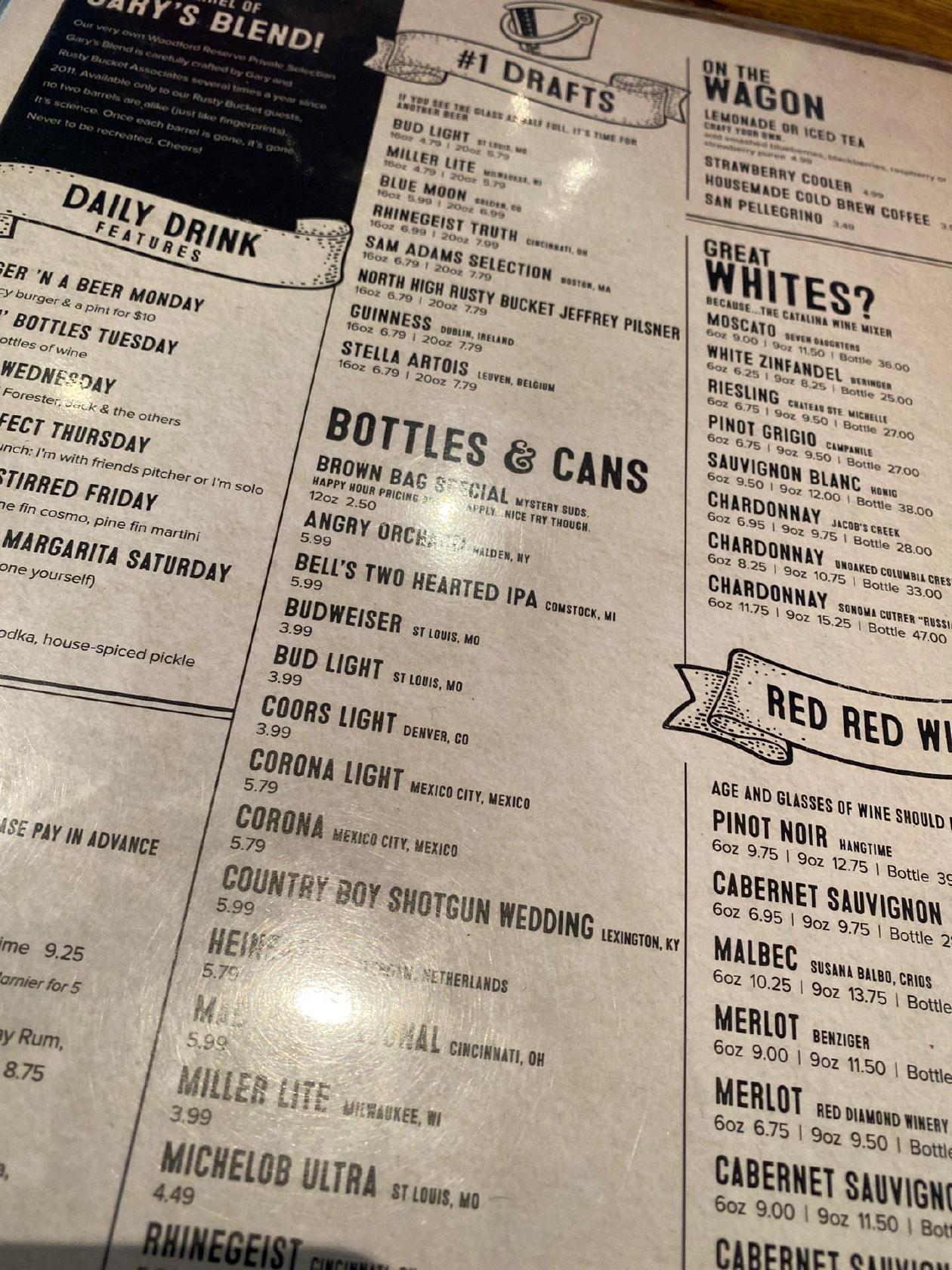 Menu at Rusty Bucket Restaurant and Tavern, Cincinnati, Madison Rd K3