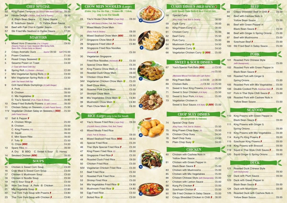 Menu at Yau's Oriental Delight restaurant, London, 173 Whitehorse Ln