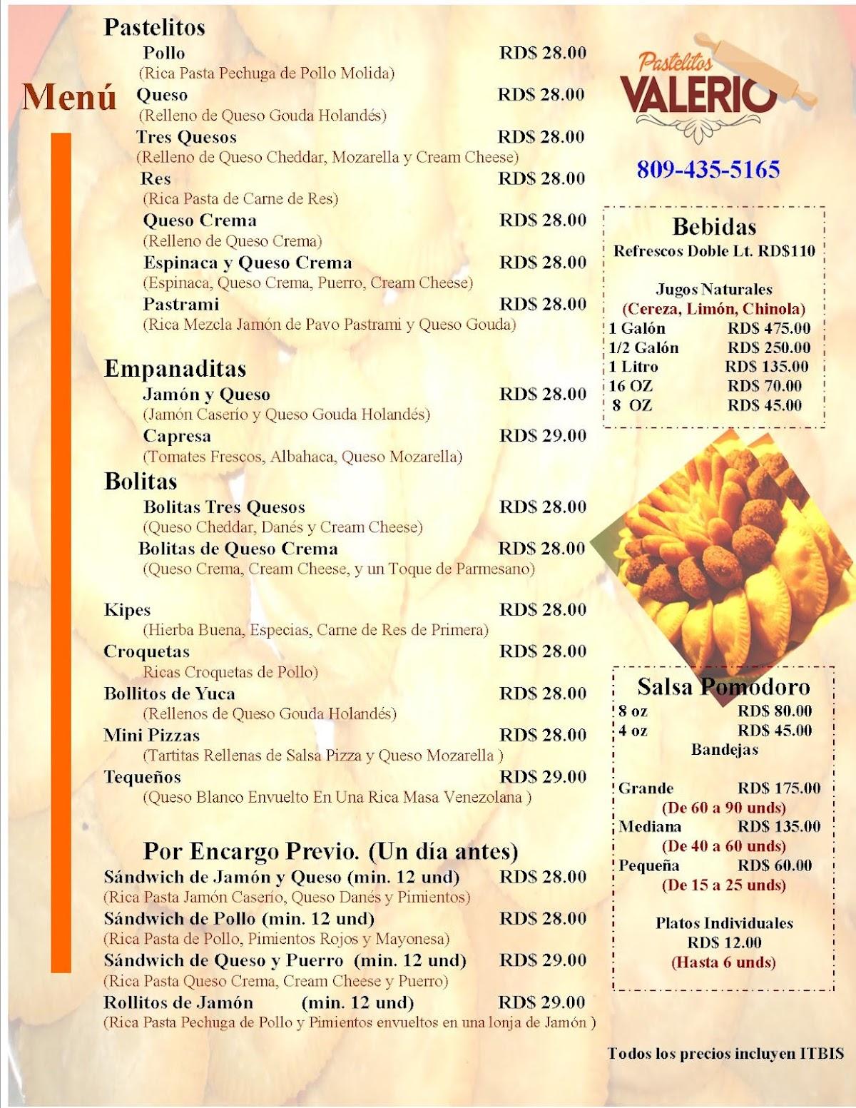 Menu at Pastelitos Valerio restaurant, Santo Domingo, C. Luis F. Thomen 318