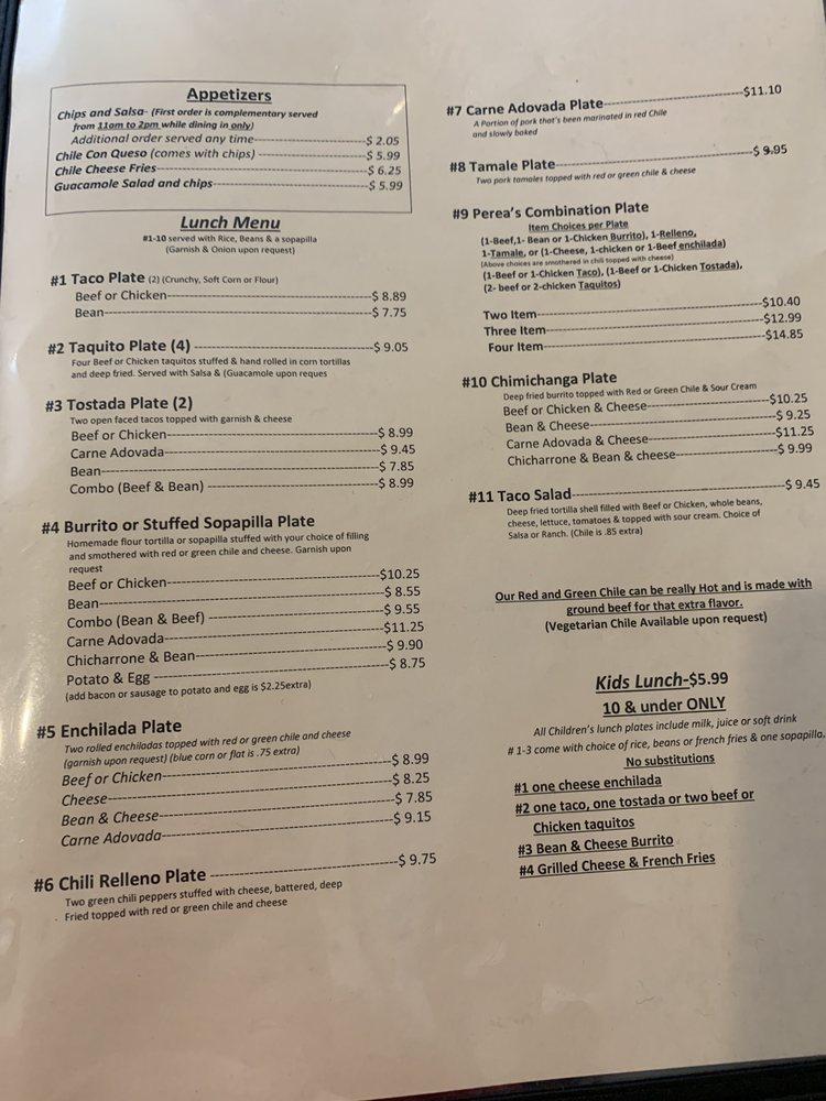 Menu at Perea's New Mexican Restaurant, Albuquerque, Juan Tabo Blvd NE